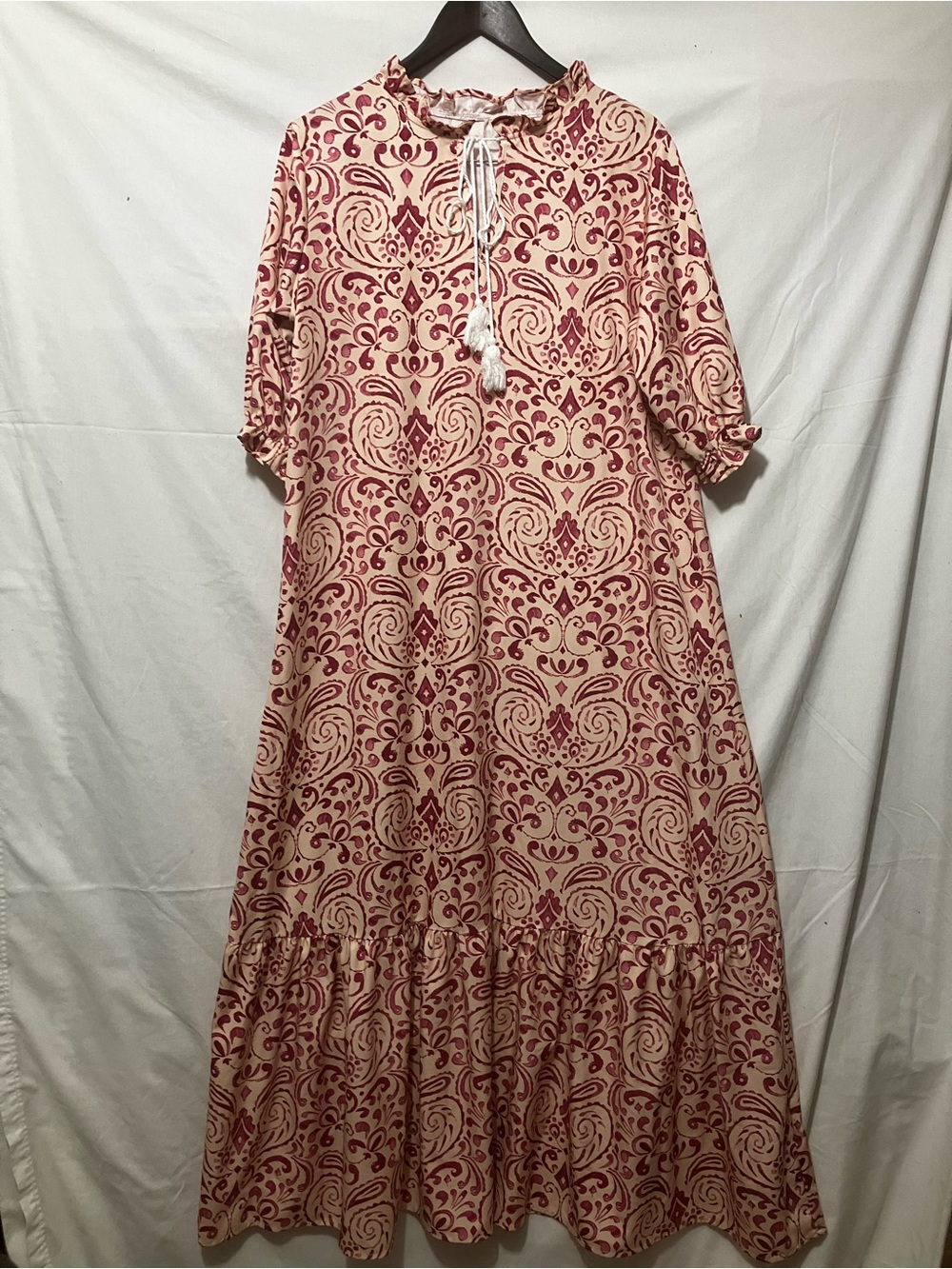 Women's Cream and Burgundy Patterned Midi Dress